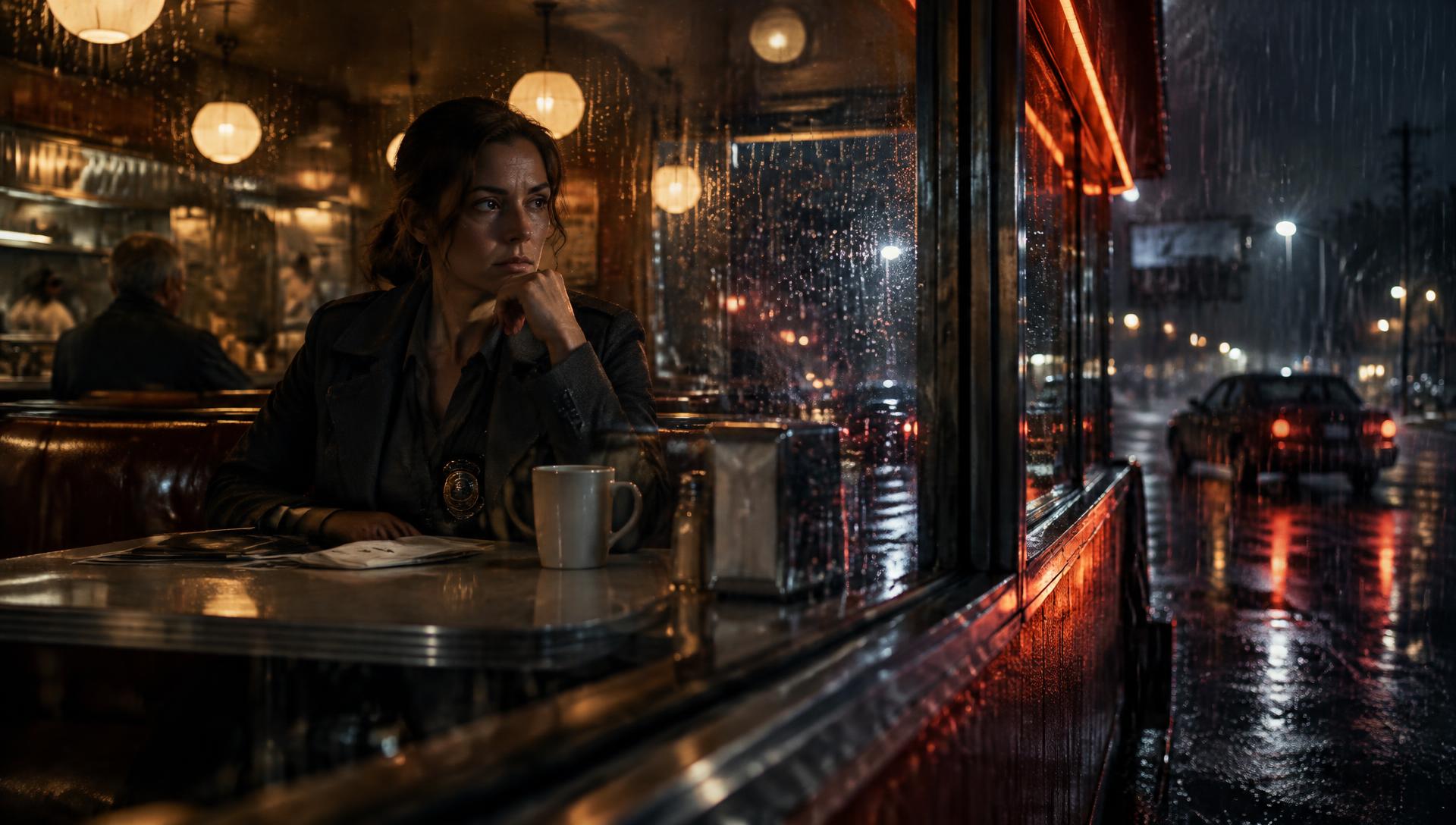 A detective waits in a rain-soaked diner in Shadows Within